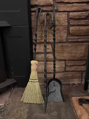 Hand Forged Fireplace Tool Set Poker Shovel Brush Hooks Blacksmith Made • $12