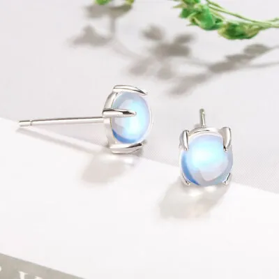 925 Sterling Silver 6mm Moonstone Stud Earrings Women Fashion Earrings Jewelry • $5.99