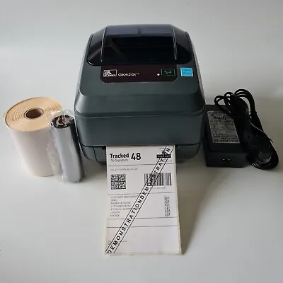 Zebra GK420t  Thermal Transfer Label Printer W/ Ribbon Labels PSU USB Cable 727 • £159
