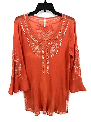 Monoreno Top Womens Large Orange Embroidered Bell Sleeve Gauze Flowy Boho • $19.17