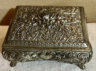 Vintage Silver Tone Metal Jewelry Box  Casket Art Nouveau Floral • $25