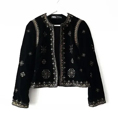 Zara Black Gold Sequin Embroidered Velvet Jacket Blazer Size S Small 8 10  • $75.78