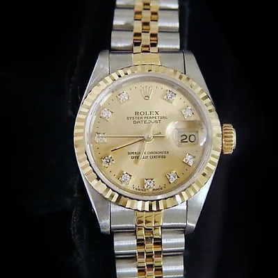 1990's Rolex Datejust Lady 18K Gold & Steel Watch Champagne FACTORY Diamond Dial • $7947.39