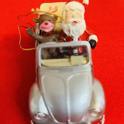 Santa & Rudolph Convertible VW Cabriolet Silver Car Christmas Ornament • $22.22