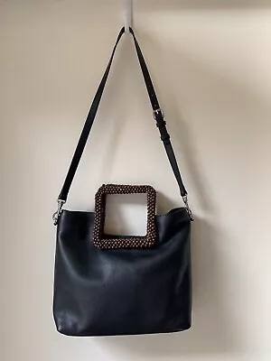 J Jill Black Pebbled Genuine Leather Brown Wood Beaded Handle Purse • $34.99