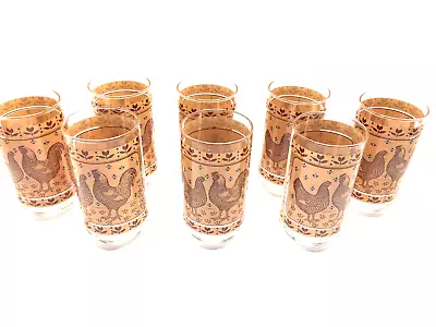 Vintage Rooster And Hen 12 Ounce Drinking Glasses Lot Of 8 • $25