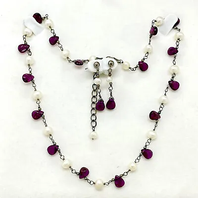 Sterling Silver Adjustable Pearl (5-6mm) And Garnet Necklace And Earrings Set • $19.95