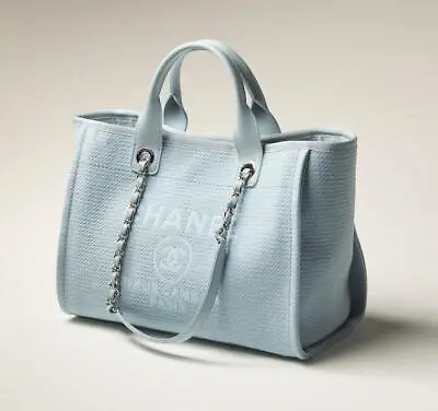 Chanel Small Shopping Tote Bag Pouch Deauville AS3257 Mix Fiber Blue Purse Auth • $7709.44