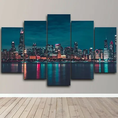 Chicago City Nightscape 5 Panel Canvas Wall Art Print HD Home Decor • £32.04
