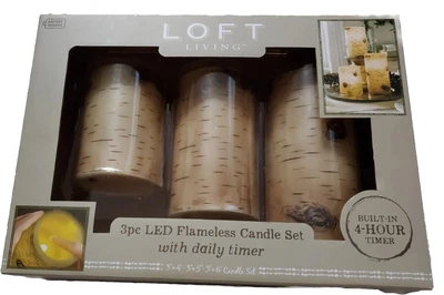 $10 • Buy Loft Living 3 Pc LED Flameless Birch Tree Theme Candle Set With Daily Timer