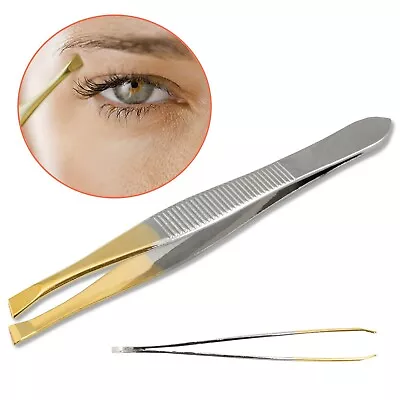 Gold Tipped Slanted Tweezers Precision Steel Eyebrow Hair Pluckers Non Slip Grip • £2.78