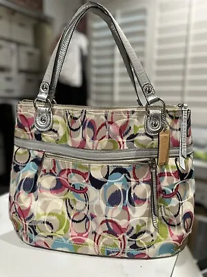 Coach Poppy Ikat Multicolor Signature C Glam Tote Shoulder Bag Silver Metallic. • $75