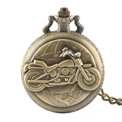 Mens Pocket Watch With Chain 3D Motorcycle Full Hunter Quartz Movement Watches • $3.90