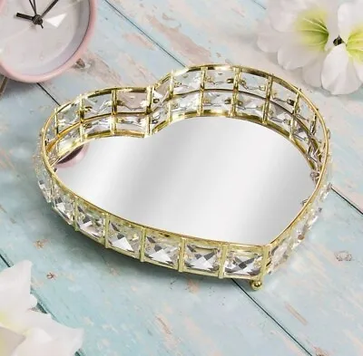 Heart-Shaped Mirror Tray With Gold Diamante Jewels - Candles Plate Tray LP47728 • £13.99