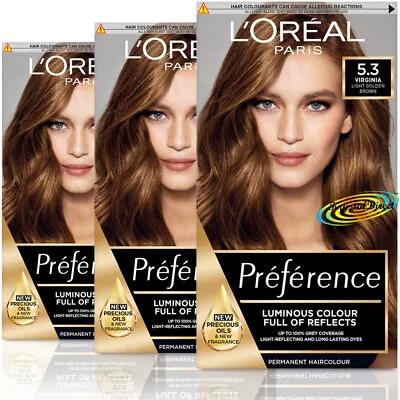 3x Loreal Preference Virginia 5.3 LIGHT GOLDEN BROWN Permanent Hair Colour Dye • £35.99