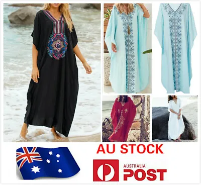 $24.99 • Buy Au Stock Cotton Embroidey Oversize Kaftan Tunic Kimono Dress Bikini Cover Dr201