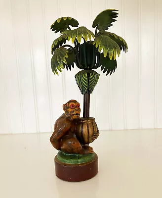 Vintage Petite Choses Porcelain Monkey Palm Tree Candlestick Holder • $19.99
