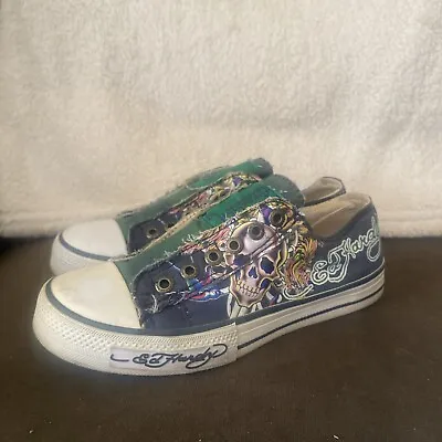 Y2K Ed Hardy Shoes Women’s  Size 6 Slip On No Lace Tattoo Skull Canvas Sneakers • $40