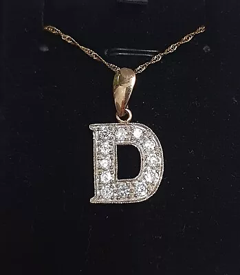 9ct 375 Yellow Gold Initial D Letter CZ Pendant Necklace • £160