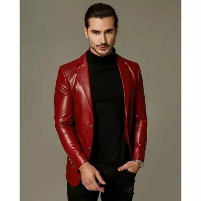 Men's Red Leather Blazer Genuine Lambskin Two Button Coat Real Soft Blazer • $149.99