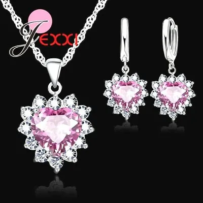 £4.99 • Buy 925 Sterling Silver Pink Cubic Zirconia Heart Crystal Necklace And Earring Set 