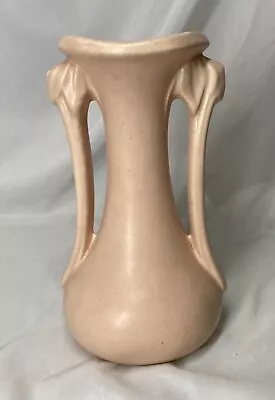 Vintage McCoy Pottery Vase Lily Bud Leaves Buds Blooms Handles Pale Pink 9.5 X5  • $20