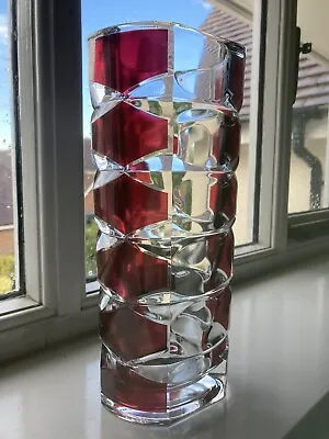 Cranberry Red Clear Cut Glass Tall Vase Heavy Thick Wall VGC Geometric Retro 60s • £7