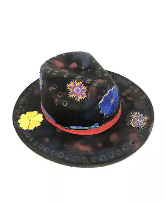 Tazzle’s 1of1 Custom Western Fedora Hat-Black Felt Colorful Flowers Cross Etc • $85