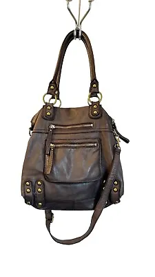 Linea Pelle Blue DYLAN TOTE Leather Crossover Shoulder Bag PURSE Brown • $175