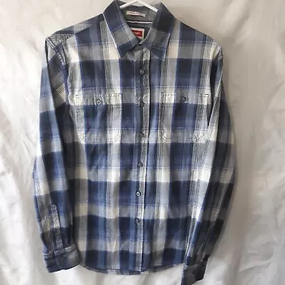 Mens WRANGLER Western Shirt Flex For Comfort Size S Blue Gray White Plaid Cotton • $11.90