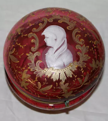 Gold Enameled Mary Gregory Art Glass Cranberry Box – Cameo Design • $795