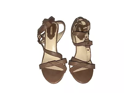 MAX STUDIO Fine Leather Brown Strappy Open Toe Heels Size 6.5 Ankle • $12.99