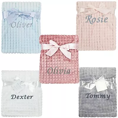 Personalised Baby Girl Boy Squared Blanket White Pink Blue Grey Name • £12.95