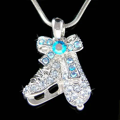 Blue Ice Figure Skate Made With Swarovski Crystal Hockey Skating Shoes Necklace • £39.17