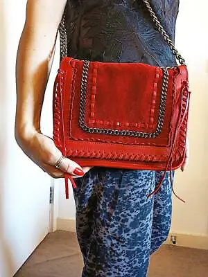 £22.90 • Buy ZARA Red Bag SUEDE LEATHER Chain Fringe Tassel Braided Evening Handbag Punk Boho