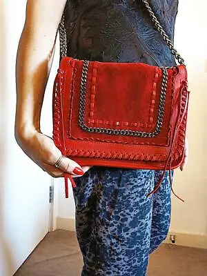 ZARA Red Bag SUEDE LEATHER Chain Fringe Tassel Braided Evening Handbag Punk Boho • £22.90