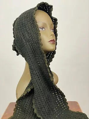 Authentic Early 1800s Hand Knit Georgian Crochet Dark Green Bonnet Scarf Snood  • $75