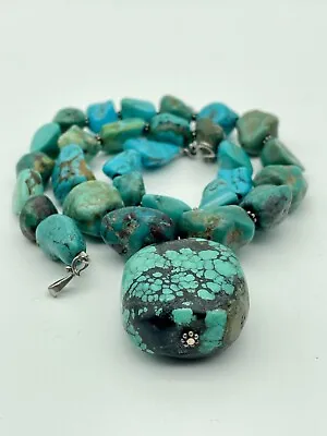 Vintage Navajo Turquoise Nugget Necklace Sterling Snake Clasp Signed BB • £123.54