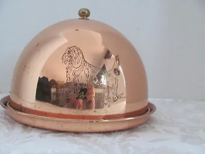 COPPER BRASS & GLASS LINING TRAY DOME BUTTER Or CHEESE DISH-Dog & Floral Design • $33.99