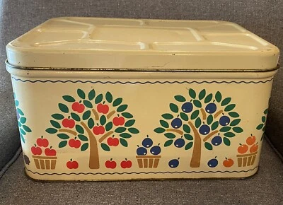 $29.99 • Buy Vintage Metal/Tin Bread Box & Lid  Beige W/Fruit Trees