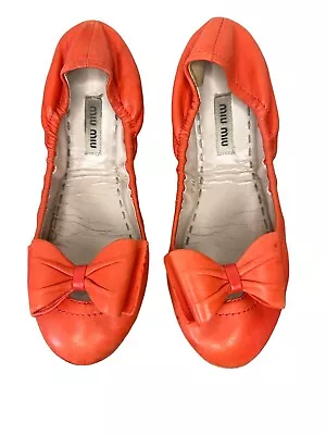 Miu Miu By Prada Ballet Flats Ballerina Shoes 37 Orange Scrunch Bow Loafers • $95.99