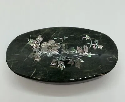 Vtg Oval Black Plastic Trinket Box With A Faux Marble Floral Abalone Inlay Lid • $10