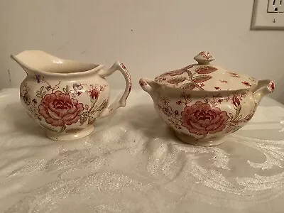 Vintage JOHNSON BROS Rose Chintz Pink Covered Sugar & Creamer • $39.95