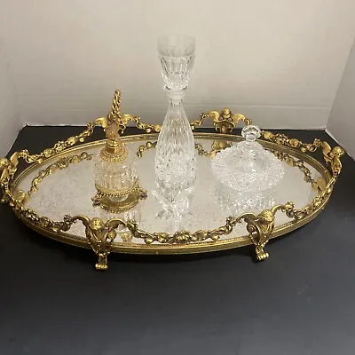 Vintage Oval Mirror Vanity Dresser Tray Ormolu Gold Tone Angel Cherub Cupid • $259