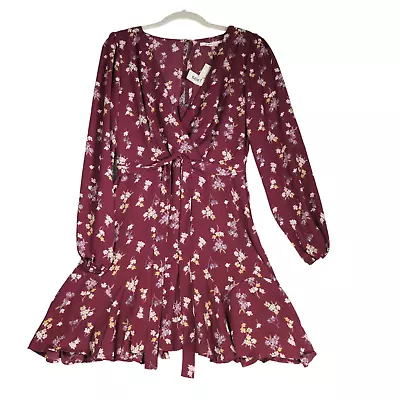 NEW Mi Ami Dress Womens Size M Burgundy Floral Belted Rufffle Hem Boho Peasant • $24.77