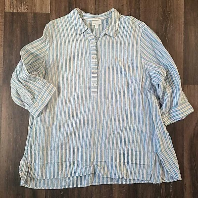 J. Jill Love Linen Top Womens 2X Blouse Striped Shirt 3/4 Sleeve White Blue • $25.48