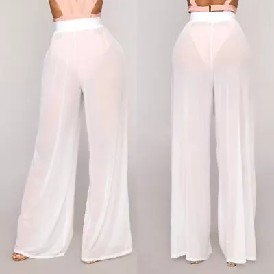 Women See Through Boho Wide Leg High Waist Beach Long Loose Mesh Sheer Pants • $11.88