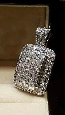 $197.99 • Buy 4ct Round Cut Real Moissanite Dog Tag Pendant 14K White Gold Plated Silver Chain