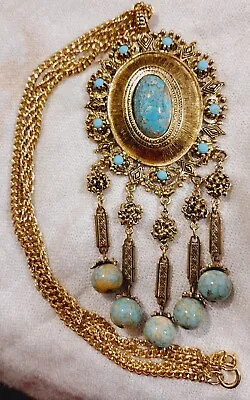 Vintage Etruscan Revival Turquoise Mottled Glass Cabochon W/ 5 Dangles Necklace  • $59.99