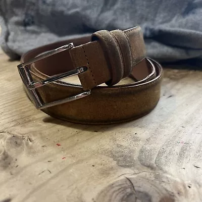 Ground Mind Genuine Suede Leather Beige Brown Belt Silver Buckle Size 36 • $15.99